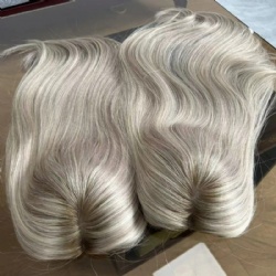 100% European Human Hair Ombre Highlights Color Grey Blonde Jewish Kosher Mono Lace Topper for White Women