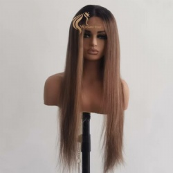 straight rooted brown blonde balayage color silk top machine weft Eeuropean virgin human hair wig for women